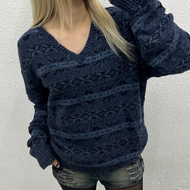 폴로 랄프로렌 90s 딥블루 에스닉패턴 브이 니트 XL