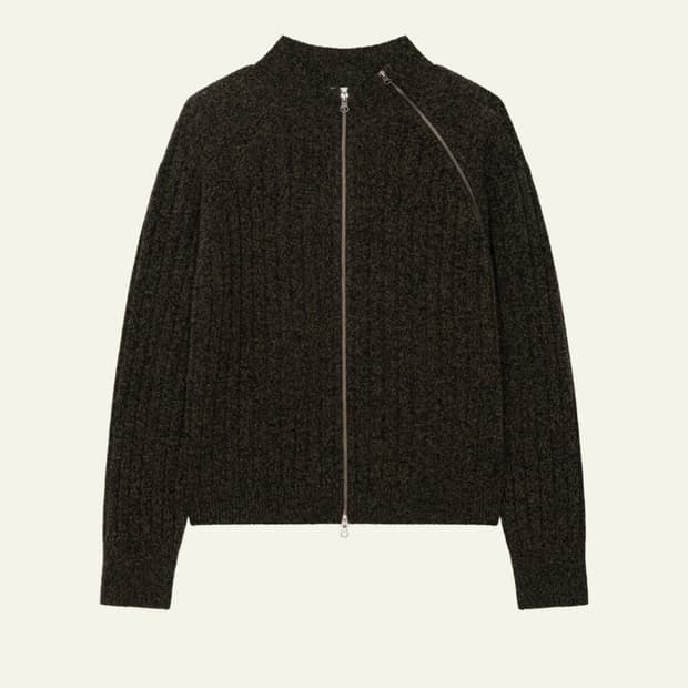 3 웨이비니스 다이애그널 풀 집업 니트 카키