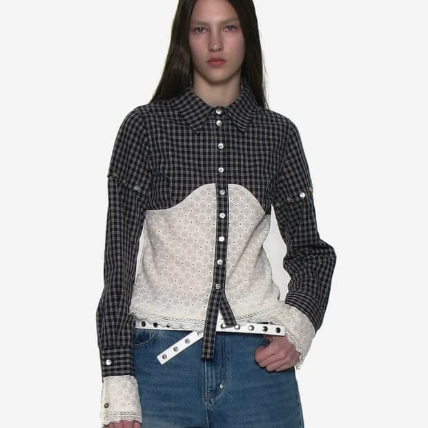 체크 레이스 엠브로이더리 콤비 셔츠_네이비