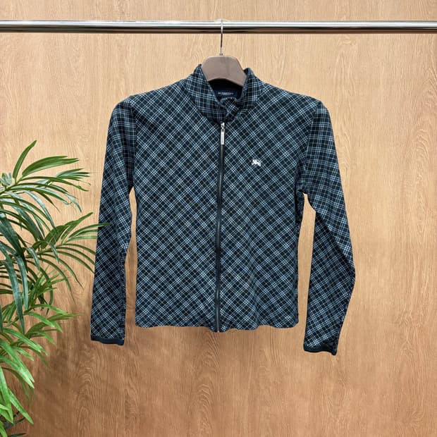 버버리 런던 져지 집업 가디건 그레이 체크 패턴 로고 자수 디테일 블랙