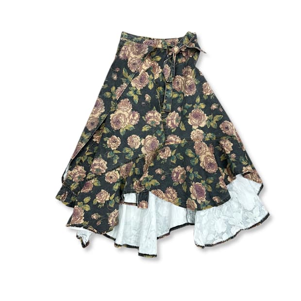 Floral Denim Ruffle Wrap Skirt