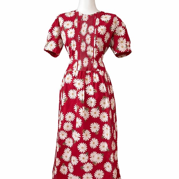핑크하우스 데이지 플라워 핀턱 빈티지 롱 원피스