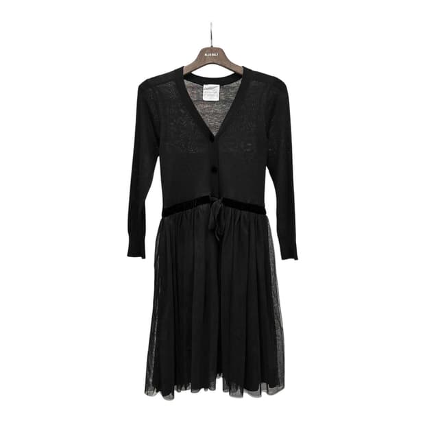 레이 빔즈 원피스 브이넥 시스루 니트 탑 쉬폰 플리츠 리본 디테일 블랙