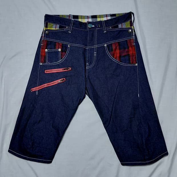 [L] UPSTART Removal 체크 배색 데님 크롭 팬츠