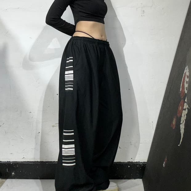 일본 빈티지 블랙 자수 포인트 힙합 새깅 추리닝 바지 트레이닝 팬츠 L