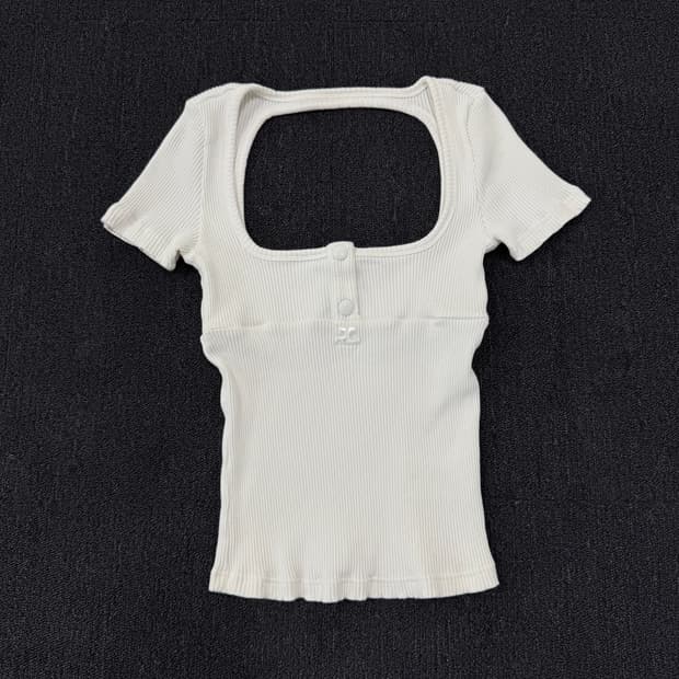 꾸레쥬 로고 자수 스트레치 골지 반팔 탑