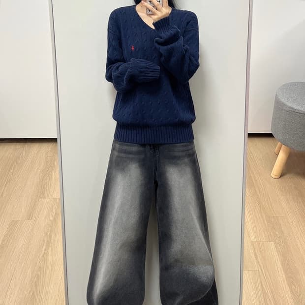 폴로 랄프로렌 네이비 브이넥 케이블 니트