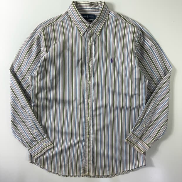 Polo  폴로 랄프로렌 자수 코튼 그린 스트라이프 셔츠 