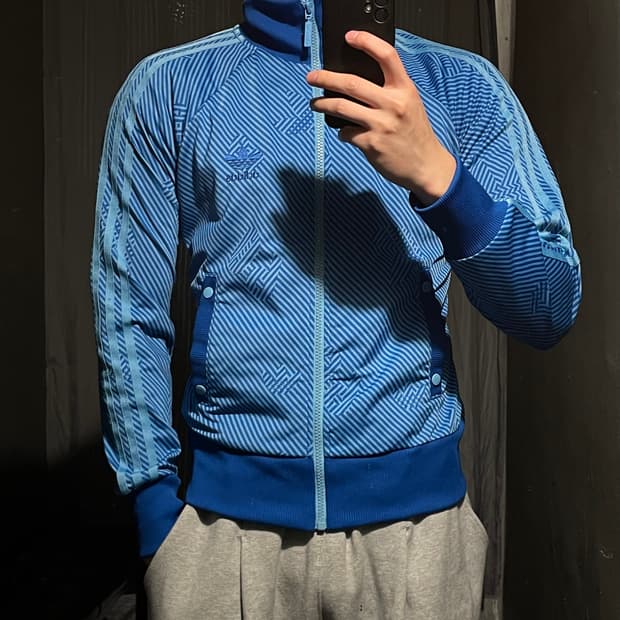 아디다스 00s 블루 스트라이프 트레포일 패턴 삼선 트랙탑 집업 져지 S