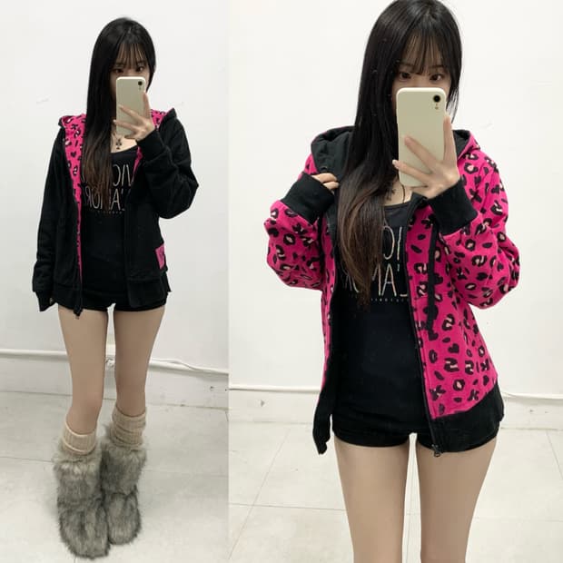 갸루 핑크 레오파드 리버시블 후드집업