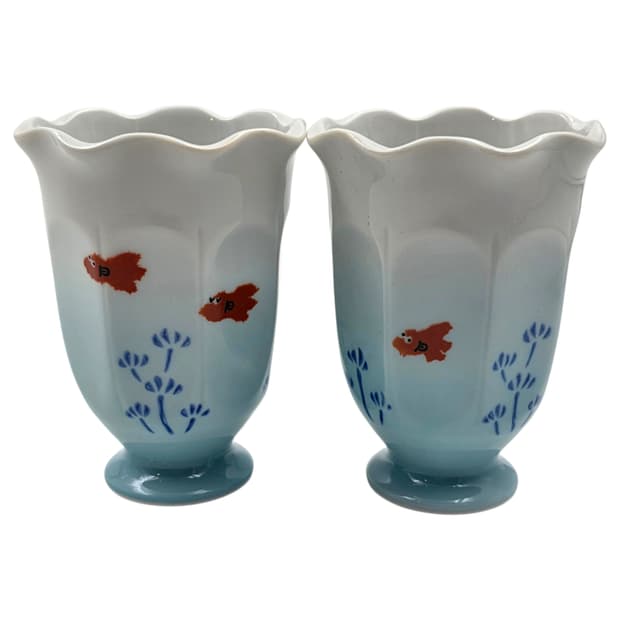 80s 아리타야키 수초 금붕어 러플 도자기 고블렛 1p
