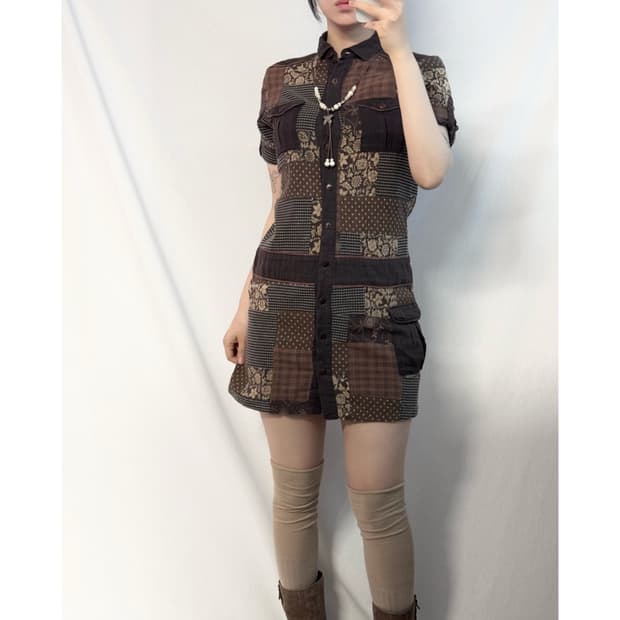 패치 워크 셔츠 드레스