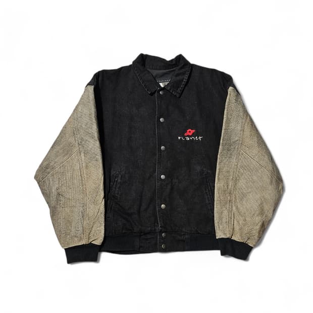 1990's 데님 바시티 자켓 흑청 L 블랙진
