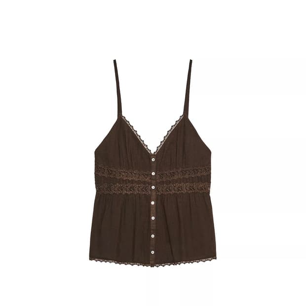Zara 레이스 쉬폰 탑 브라운
