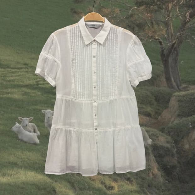 ZARA basic 화이트 핀턱 아사면 반팔 블라우스 러블리 모리