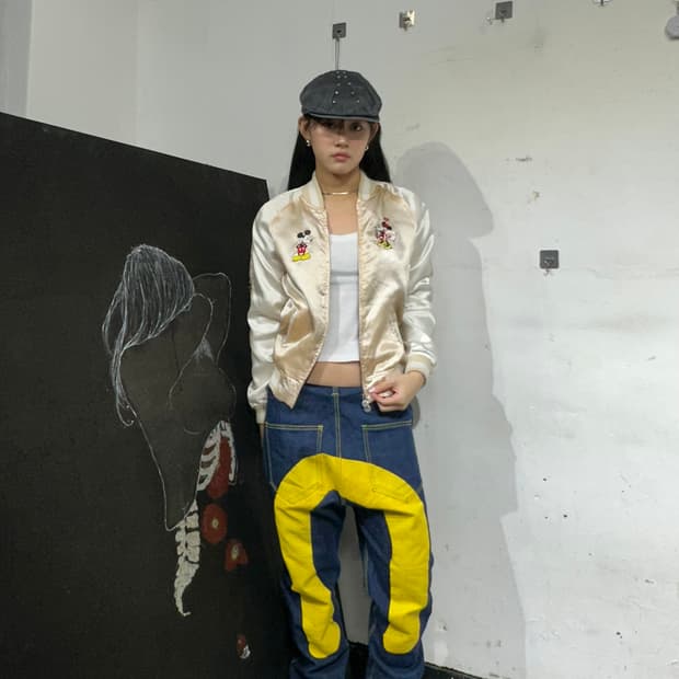 Jpn 일본빈티지 재패니즈 오리엔탈 크림 디즈니 미키마우스 스카잔 자켓