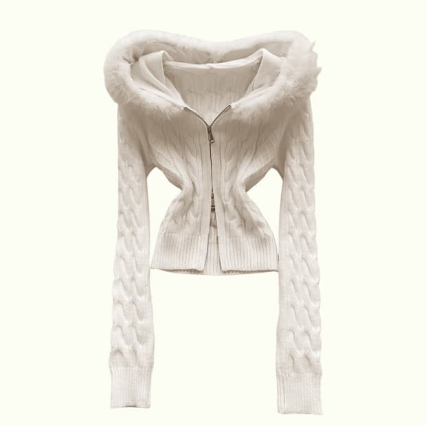 히메갸루🤍퍼 후드 케이블 슬림 크롭 니트집업