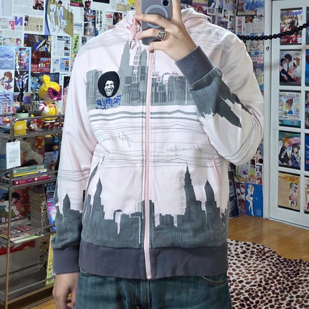 후부 핑크 그레이 프린팅 올드스쿨 오버핏 후드 집업