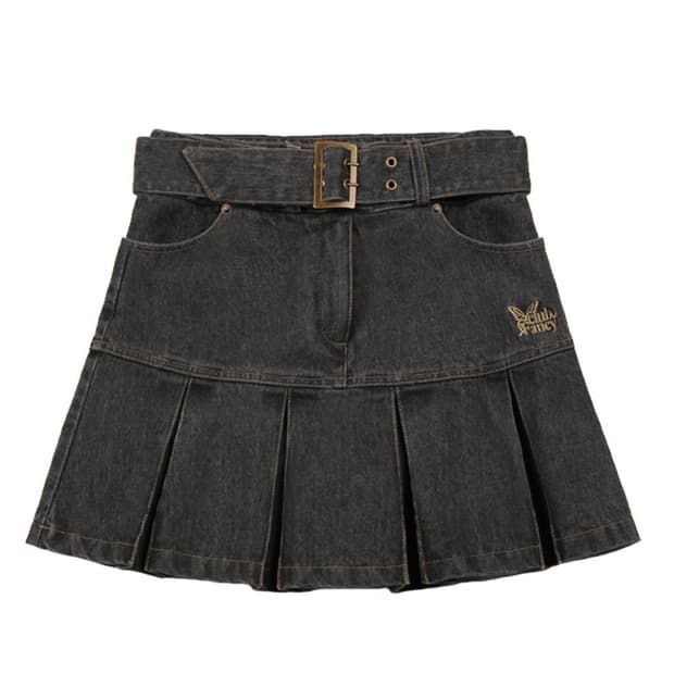 팬시클럽 데님 플리츠 벨트 스커트
