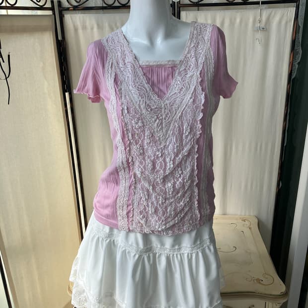 latte pink lace wrinkle short sleeve
