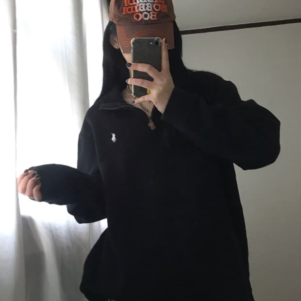 폴로 블랙 코튼 반집업