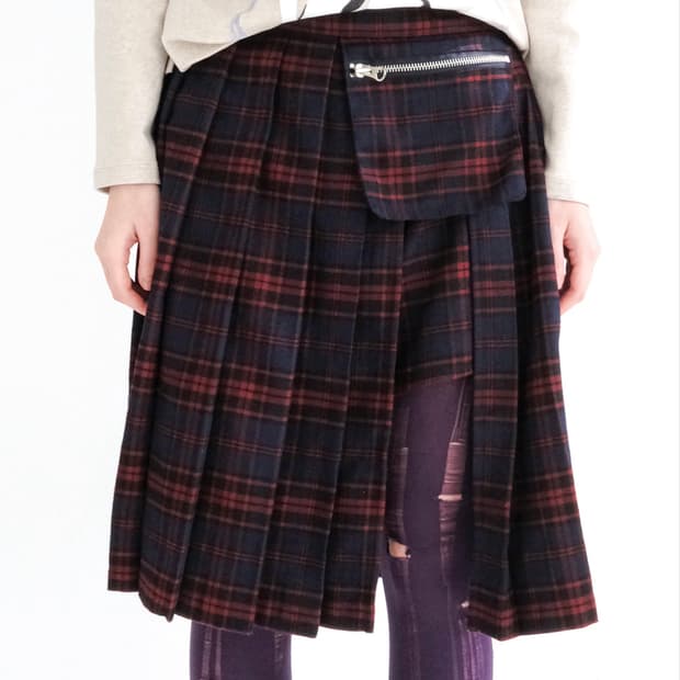 check pocket pleated skirt pants - navy