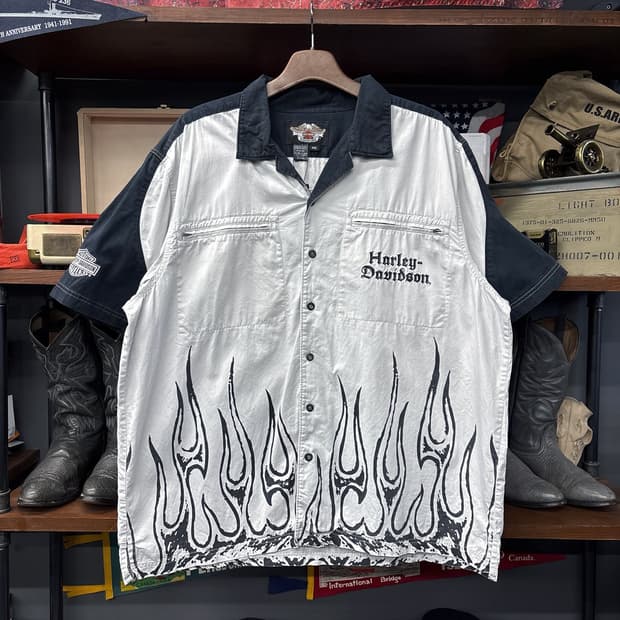 00s 할리데이비슨 빅 플레임 스컬 고딕 레터링 바이커 셔츠 N1187