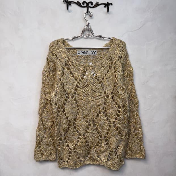 OPEN YY argyle pointelle pullover beige 