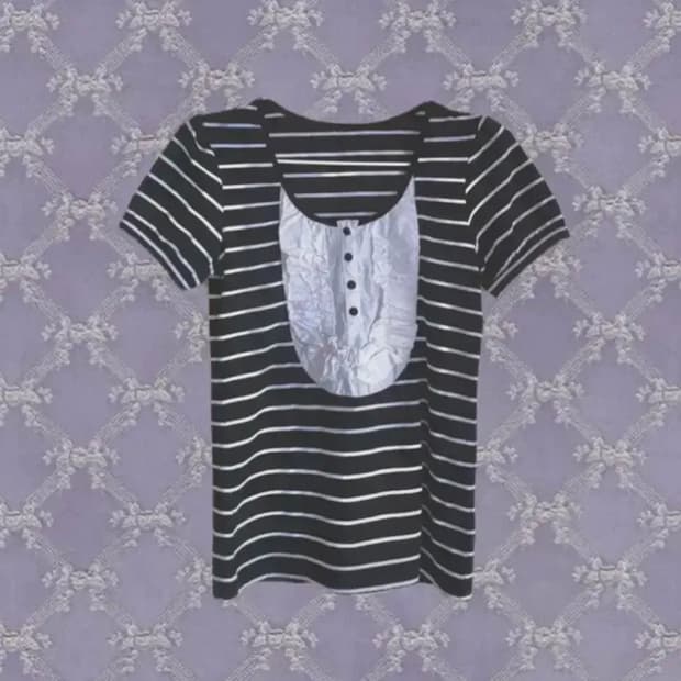 빈티지 갸루 메이드 긱세크 시트라이프 레이스 셔링티셔츠