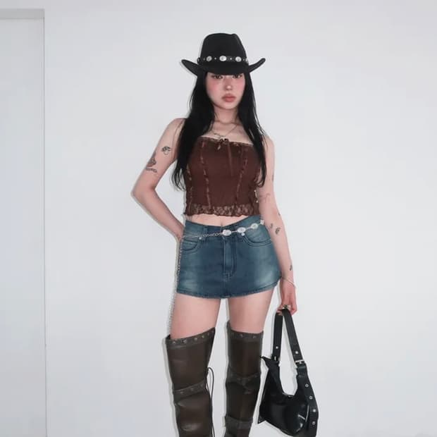 위위미유 핑크 태그 미니 데님 스커트