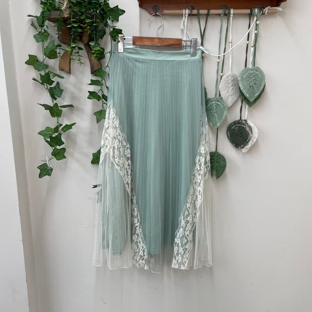 쉬폰 풀밴딩 민트 레이스 샤 롱 스커트