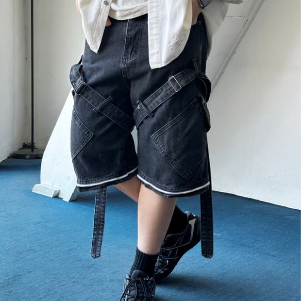 Design 2way belted denim half pants