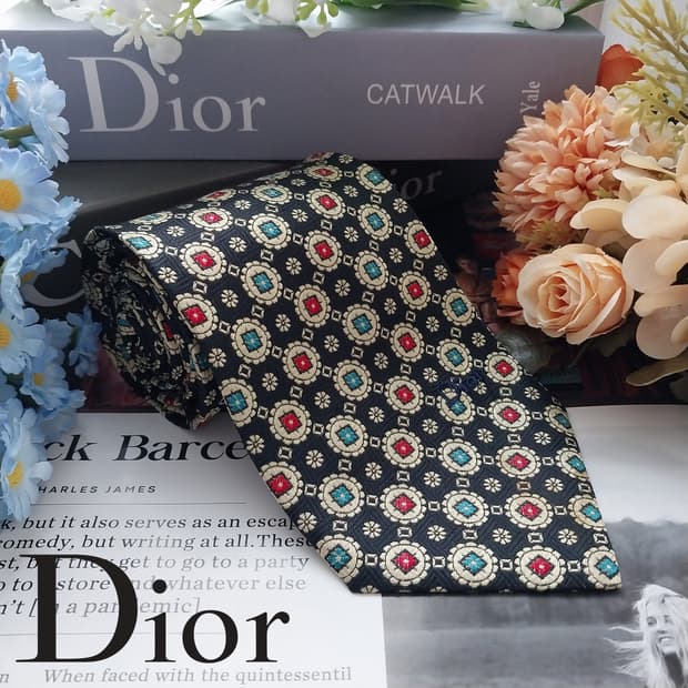 크리스찬 디올 실크 네이비 패턴 넥타이 9.3cm A등급 K1572
