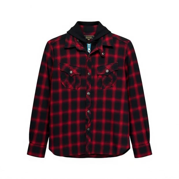JPN VINTAGE 후드 레이어드 셔츠자켓 퍼팔로체크 펄 디테일 레드