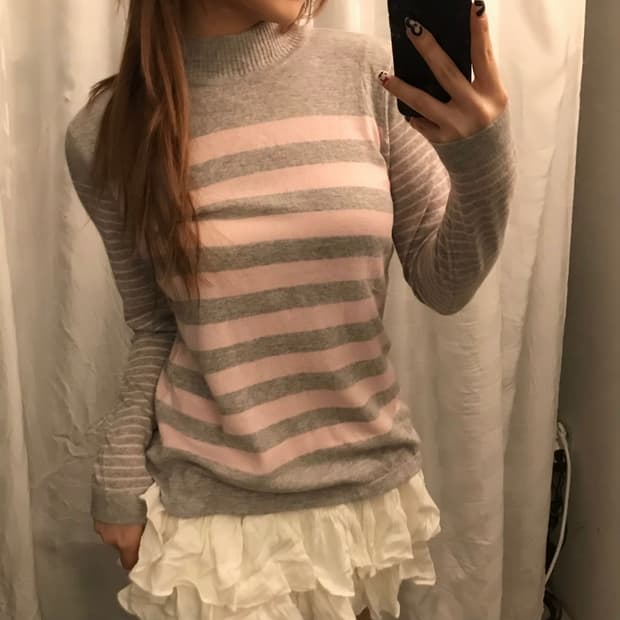 JPN Vintage 모리걸 너드 로걀 스트라이프 반목티