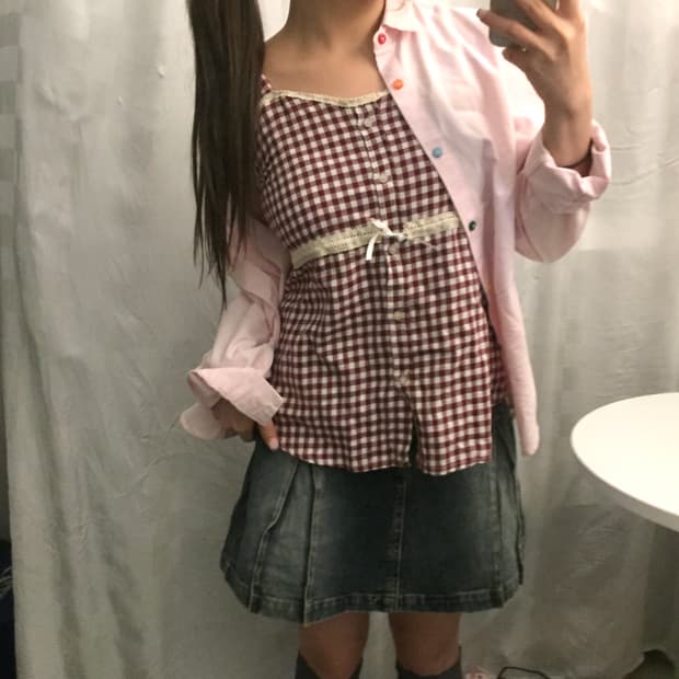 Vintage 모리걸 하구미 레드 체크 슬리브리스