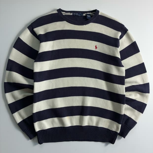 Polo  폴로 랄프로렌 자수 코튼 네이비 스트라이프 라운드 니트