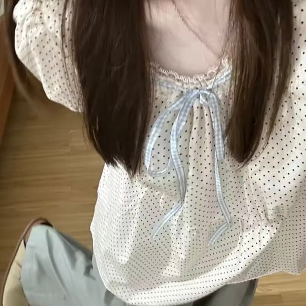 빈티지 모리걸 하구미 y2k 키치 도트 땡땡이 리본 반팔 퍼프 블라우스