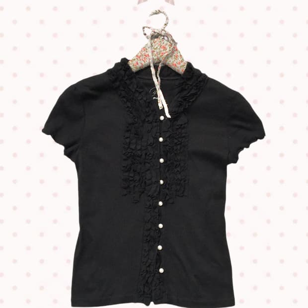 갸루 블랙 러플 반팔 블라우스