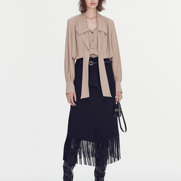 렉토 프린지 케이프 울 스커트 테슬 태슬 블랙 롱스커트 벨트 벨티드 xs