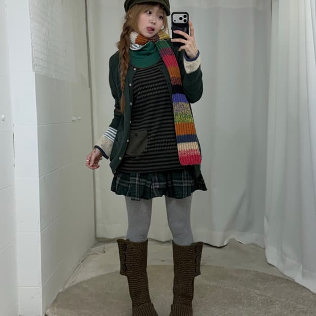 그린 너드 하구미 모리걸 가디건 코디세트