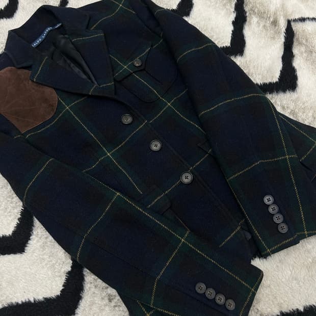 [XS]폴로랄프로렌 타탄체크 가죽패치 울 블레이저/카키네이비