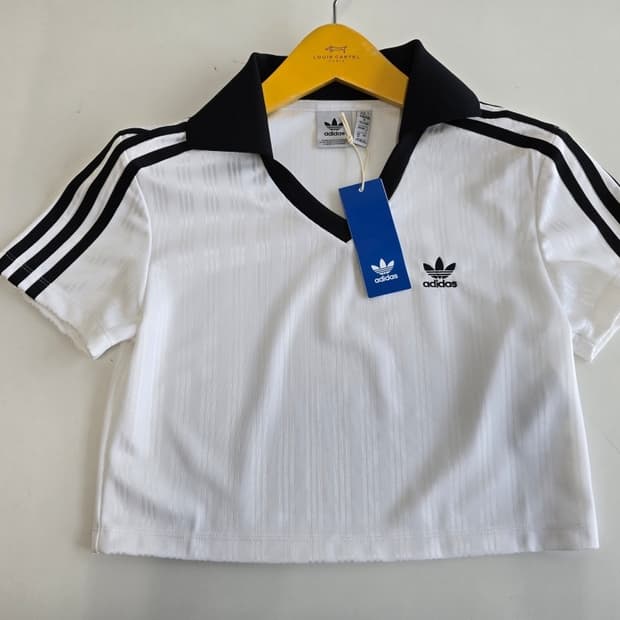 아디다스 아디컬러 풋볼 자카드 브이넥 크롭 폴로 셔츠 화이트 M