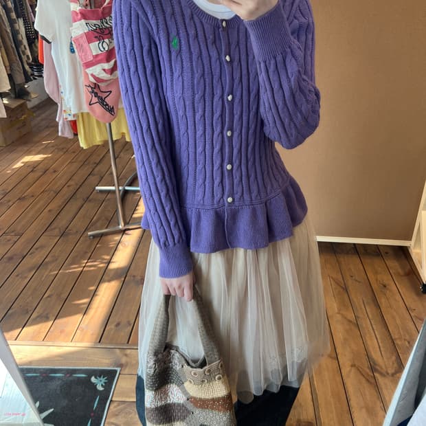 폴로 퍼플 꽈배기 프릴 니트 가디건
