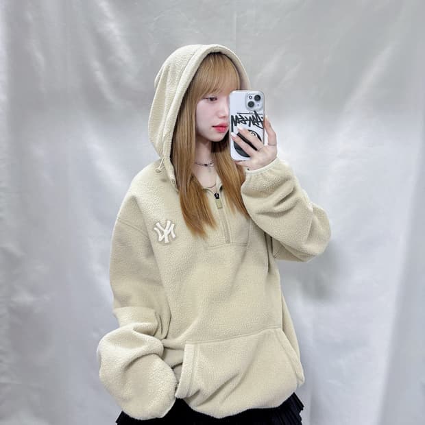 MLB 양키스 베이지 플리스 반집업 후드 