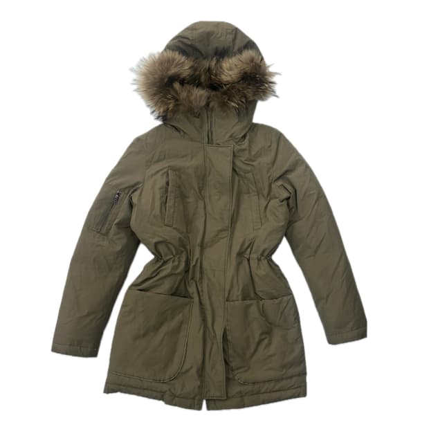 빈티지 퍼 올리브그린 카키 그런지 허리라인 겨울 구스패딩 