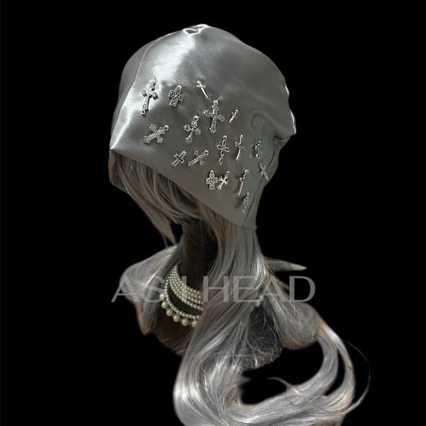 실버 십자가 팬던트 새틴 핸드메이드 롱 비니