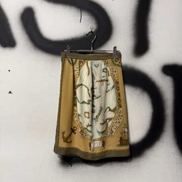 VTG 빈티지 브라운 앤티크 패턴 미디 랩 스커트
