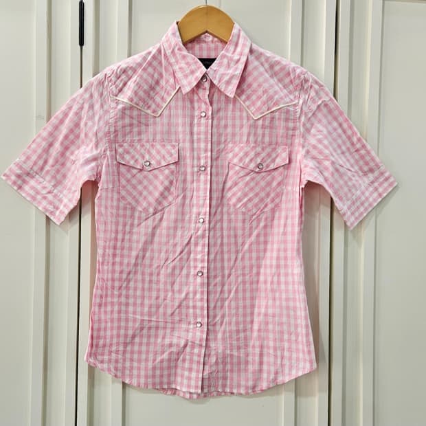 핑크 깅엄체크 반팔 셔츠