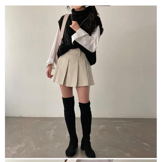 클라우드이모션 아이보리 코듀로이 골덴 플리츠 미니 스커트 